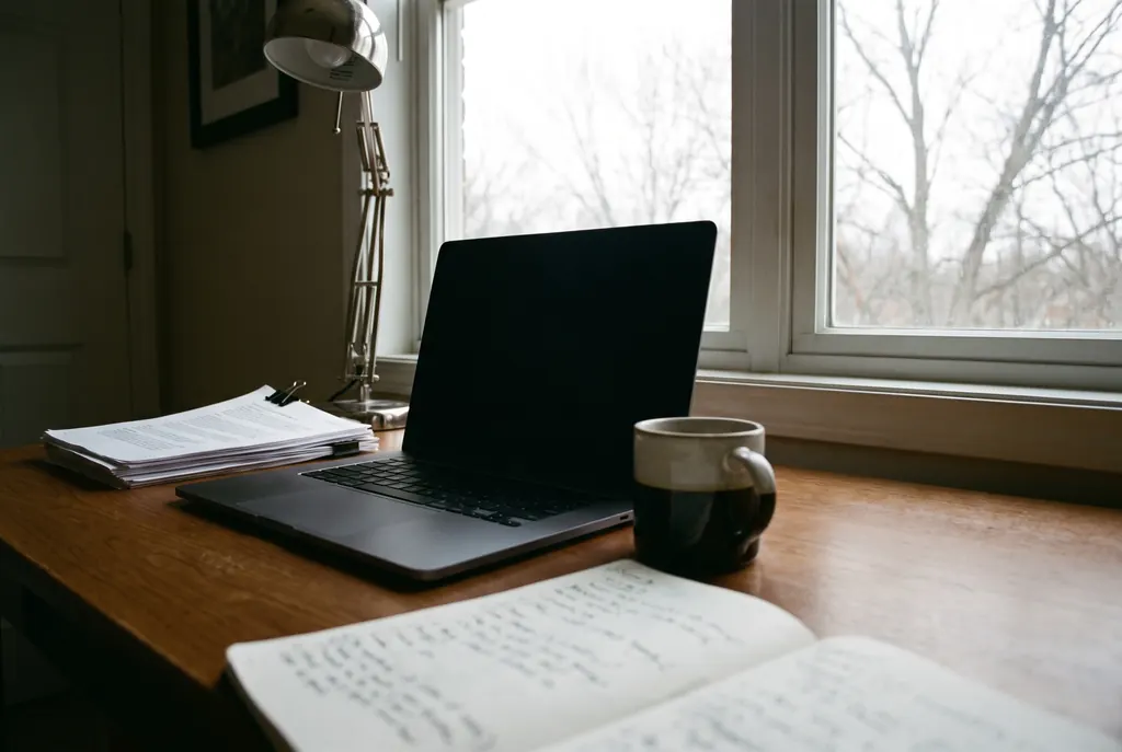 A home-office desk with a laptop, a notebook of handwritten notes, clipped printouts and a coffee.
