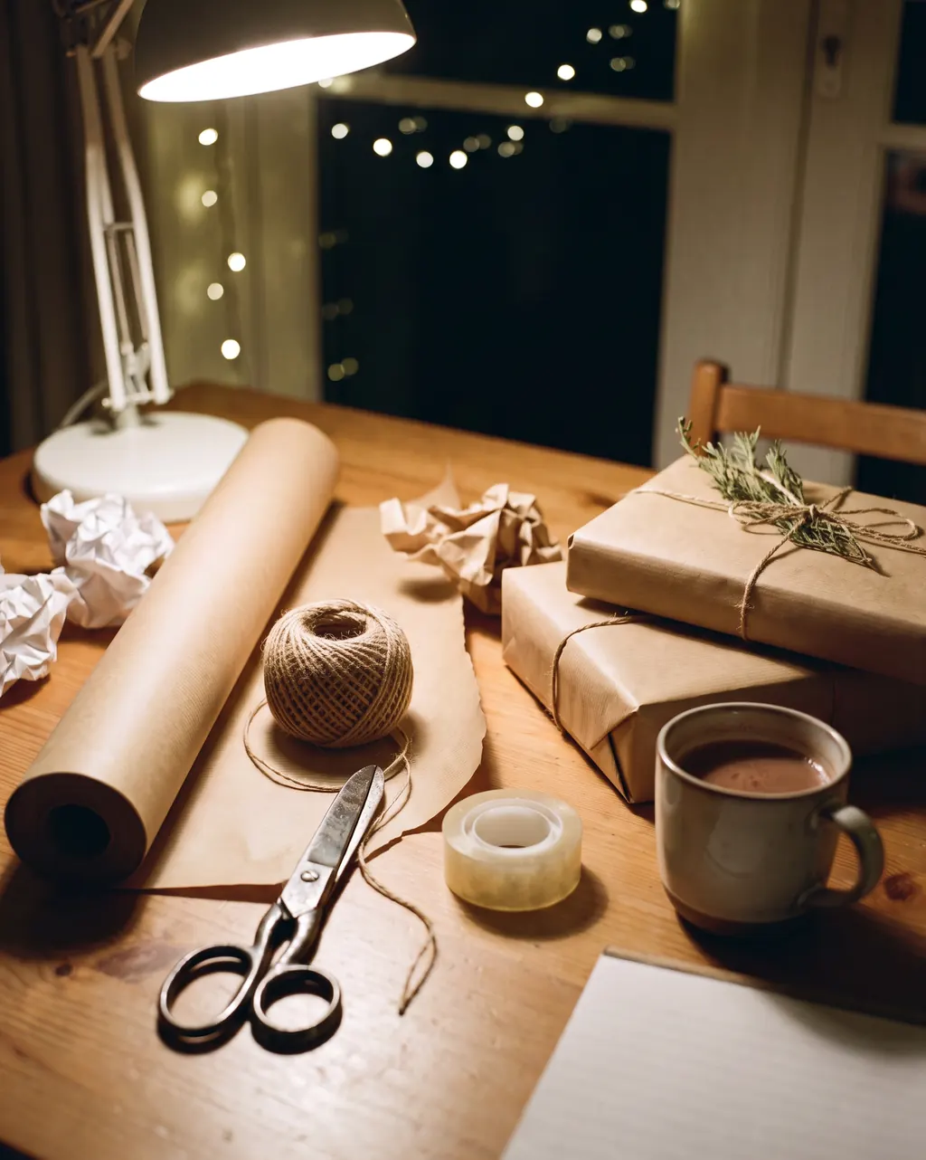 Gift wrapping on a dining table: kraft paper, twine, scissors, tape, wrapped boxes and a mug of cocoa.